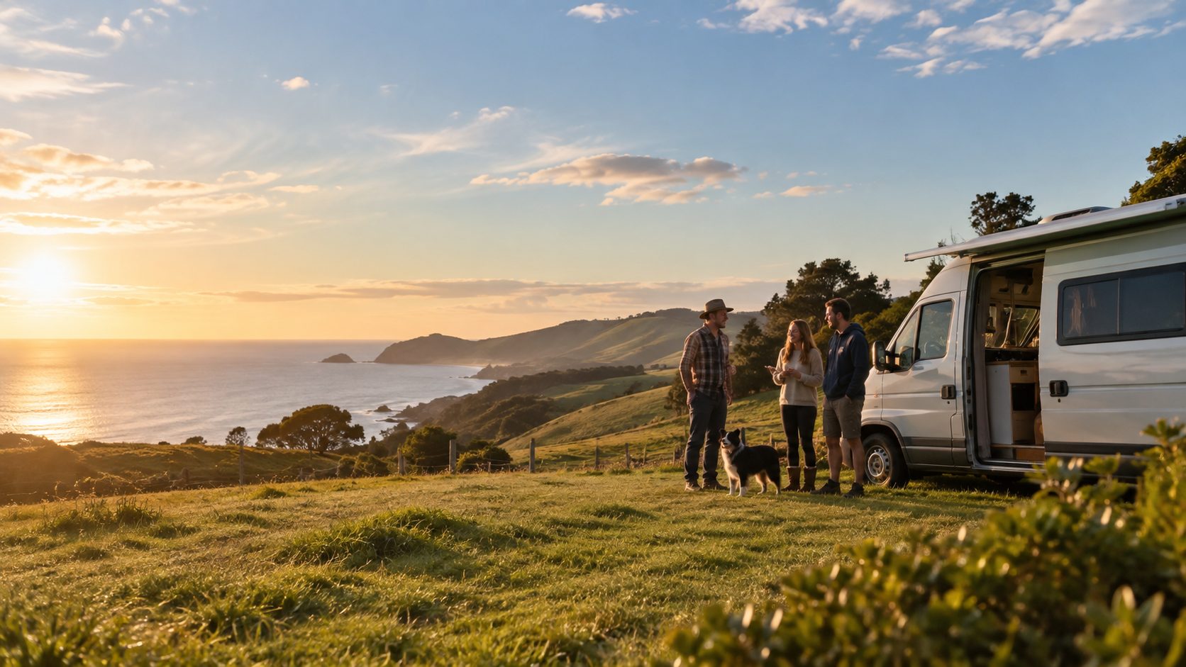 A host and two travellers talking beside a campervan on a coastal paddock at sunset, a dog at their feet